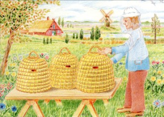 Postkarte - Imker und Bienenstock
